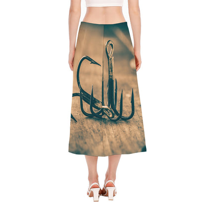 Fishing Hooks Print Side Slit Midi Skirt
