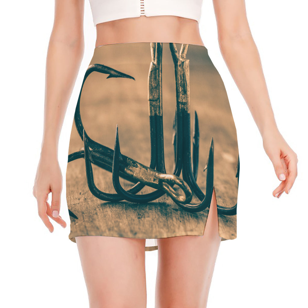 Fishing Hooks Print Side Slit Mini Skirt