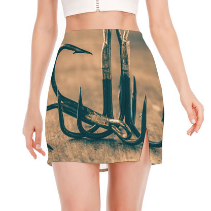 Fishing Hooks Print Side Slit Mini Skirt