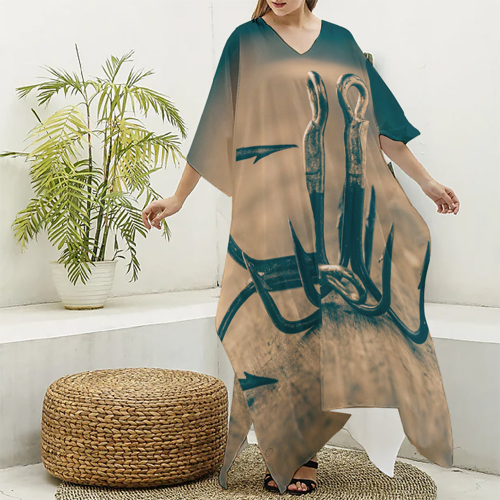 Fishing Hooks Print Silk V-Neck Kaftan Dress