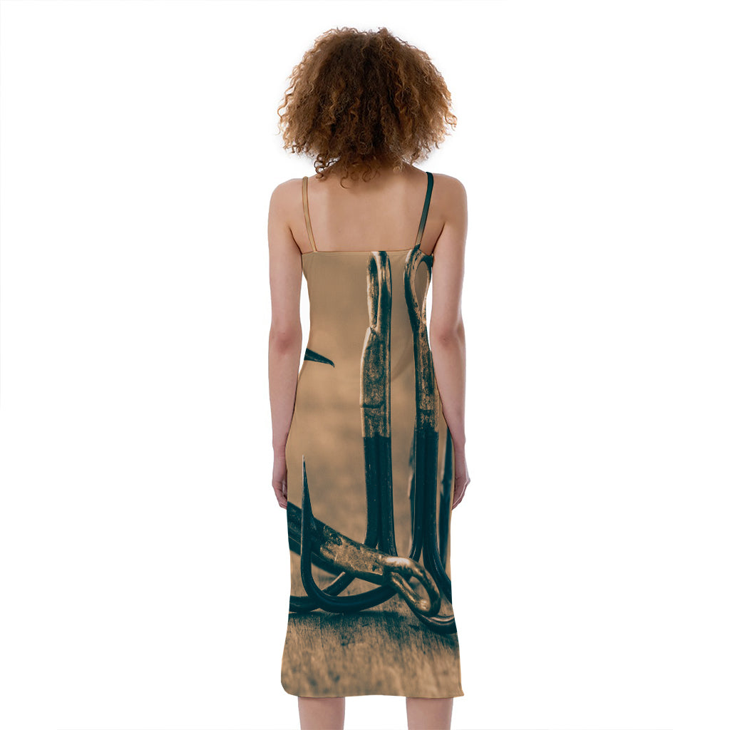 Fishing Hooks Print Slim Fit Midi Cami Dress