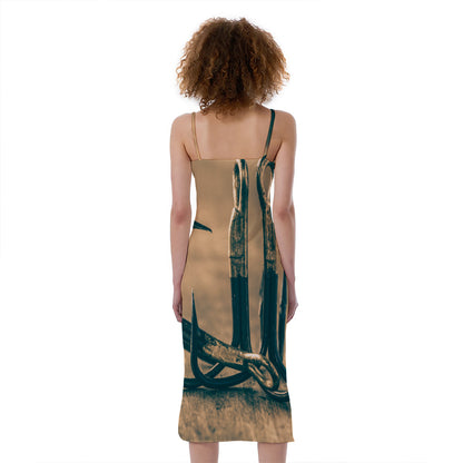 Fishing Hooks Print Slim Fit Midi Cami Dress