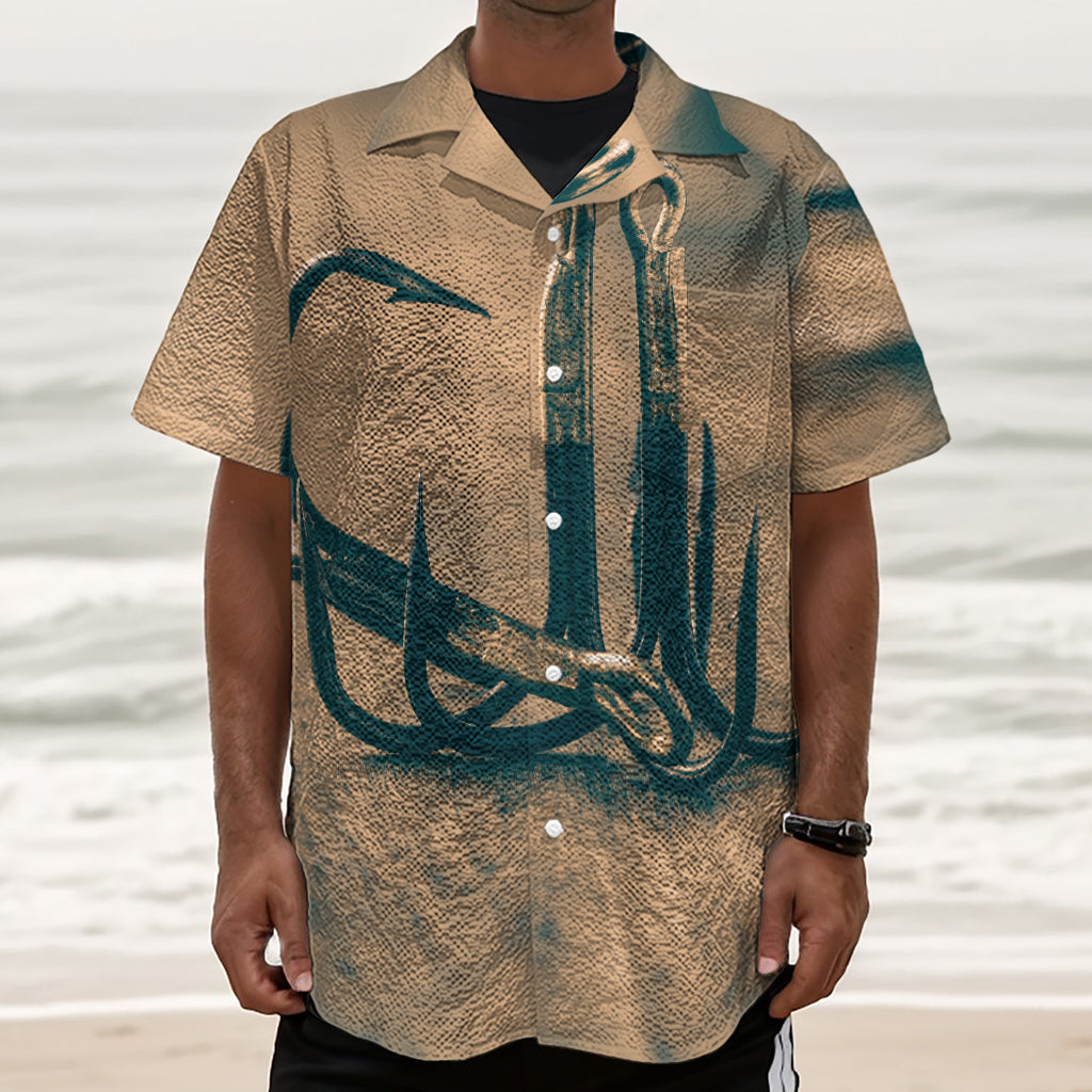 Fishing Hooks Print Textured Short Sleeve Shirt