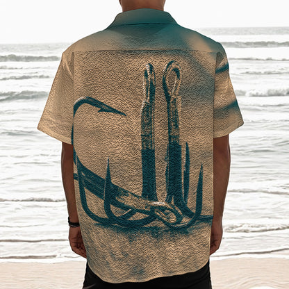 Fishing Hooks Print Textured Short Sleeve Shirt