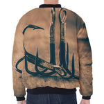 Fishing Hooks Print Zip Sleeve Bomber Jacket