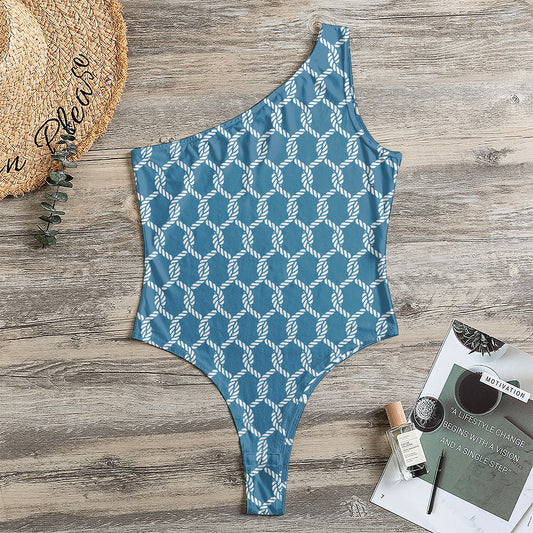 Fishing Rope Knots Pattern Print One Shoulder Bodysuit