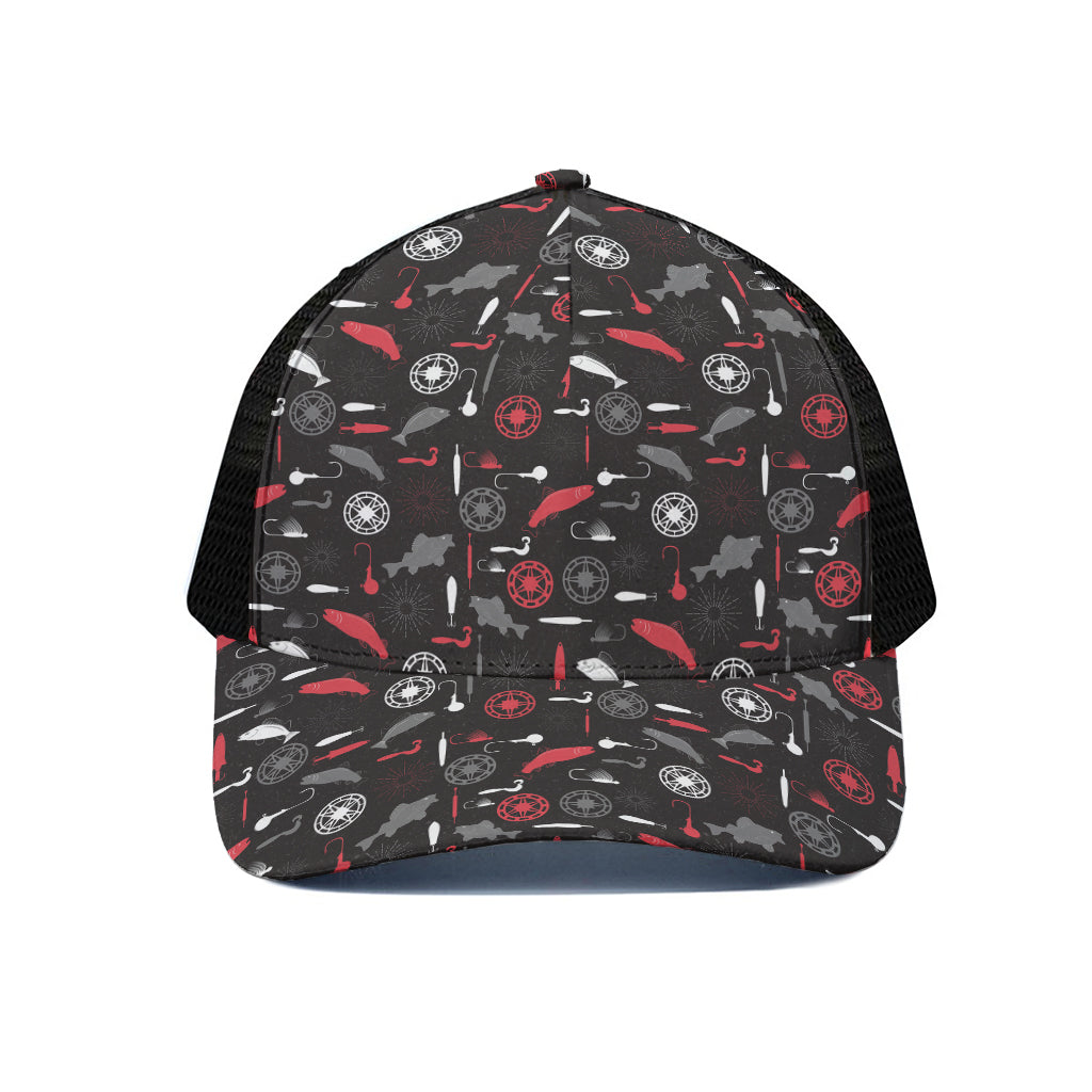 Fishing Theme Pattern Print Black Mesh Trucker Cap