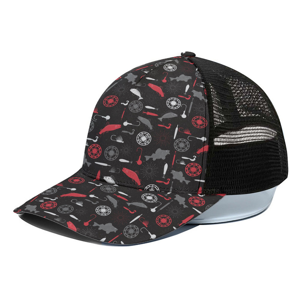 Fishing Theme Pattern Print Black Mesh Trucker Cap