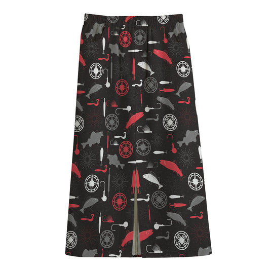 Fishing Theme Pattern Print Cotton Front Slit Maxi Skirt
