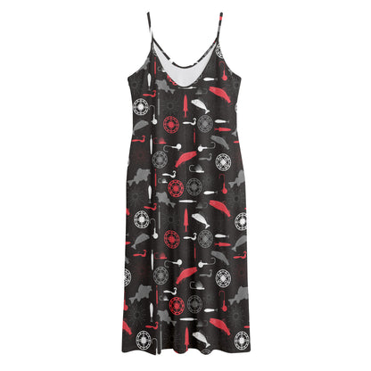 Fishing Theme Pattern Print Jersey Midi Cami Dress