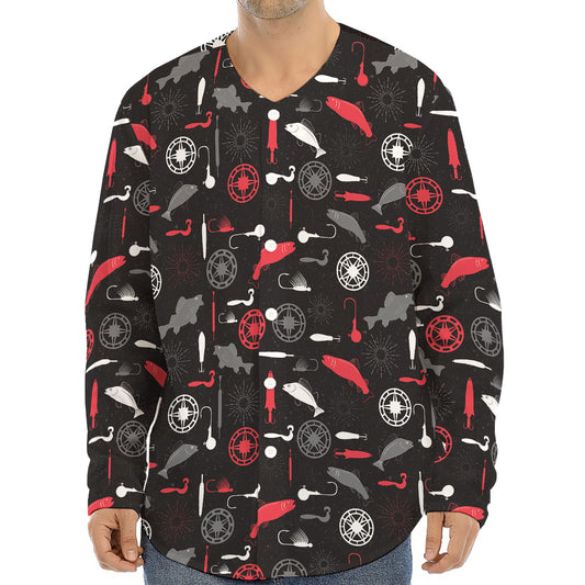 Fishing Theme Pattern Print Long Sleeve Baseball Jersey