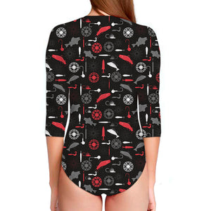 Fishing Theme Pattern Print Long Sleeve Swimsuit