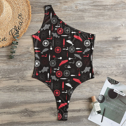 Fishing Theme Pattern Print One Shoulder Bodysuit