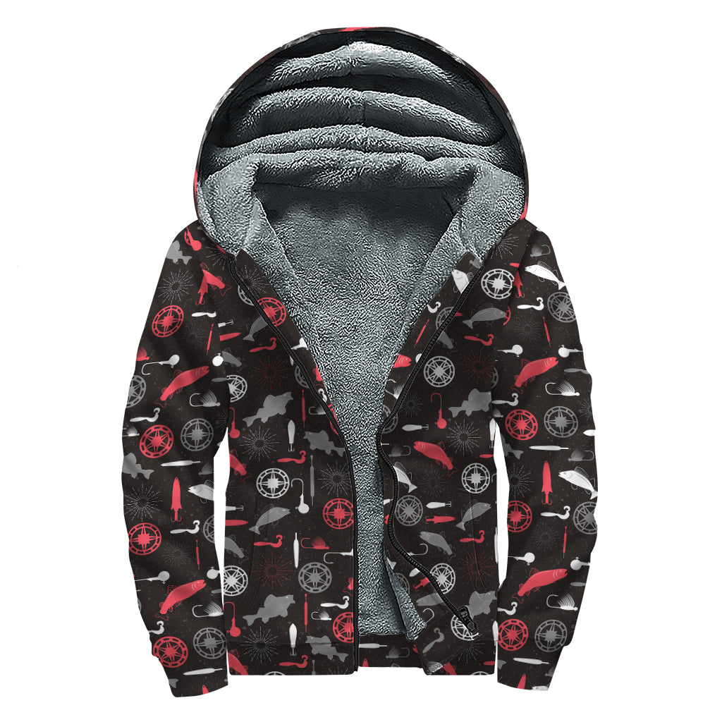 Fishing Theme Pattern Print Sherpa Lined Zip Up Hoodie