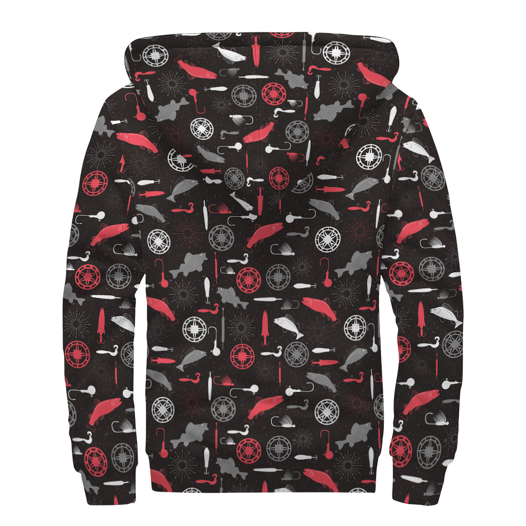 Fishing Theme Pattern Print Sherpa Lined Zip Up Hoodie
