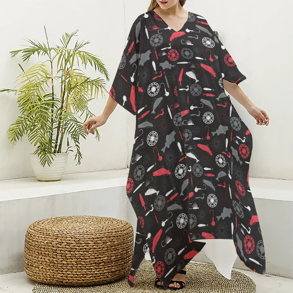 Fishing Theme Pattern Print Silk V-Neck Kaftan Dress