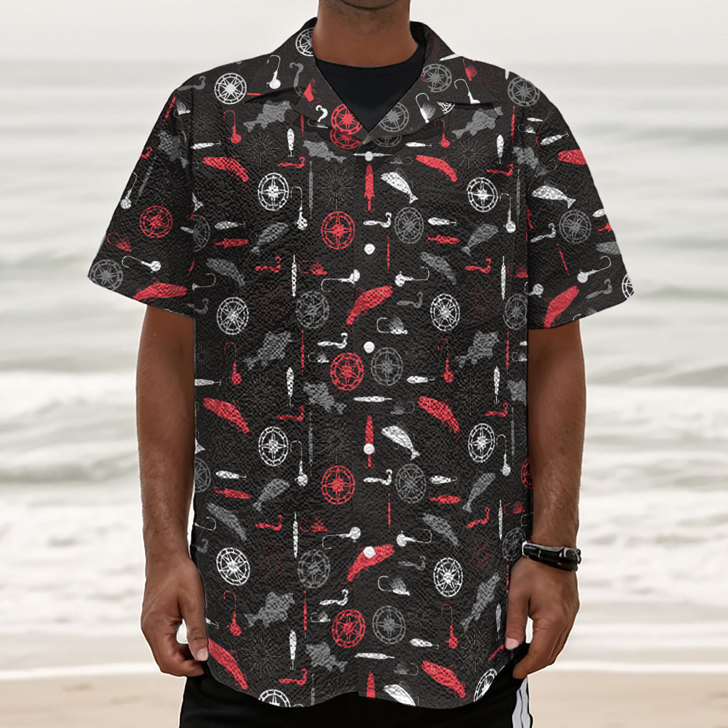Fishing Theme Pattern Print Textured Short Sleeve Shirt