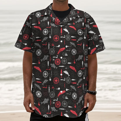 Fishing Theme Pattern Print Textured Short Sleeve Shirt