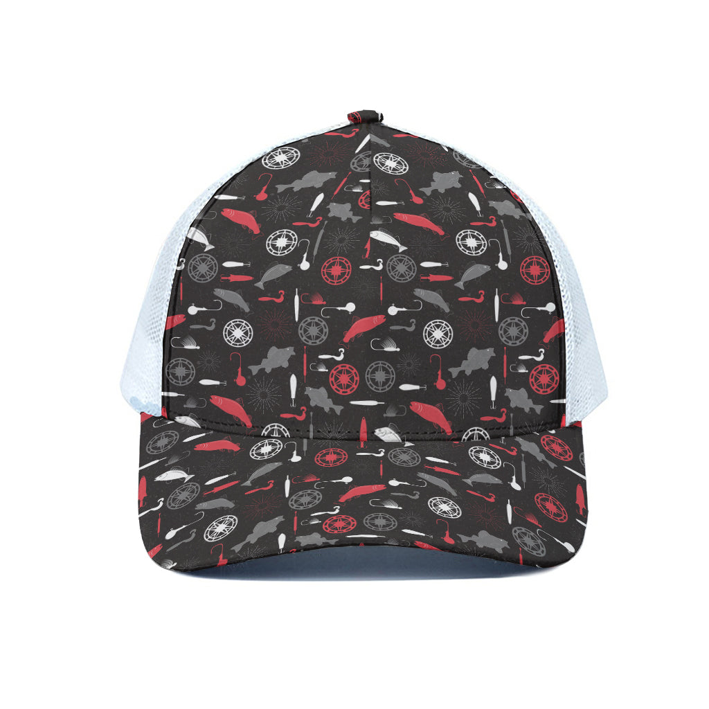 Fishing Theme Pattern Print White Mesh Trucker Cap