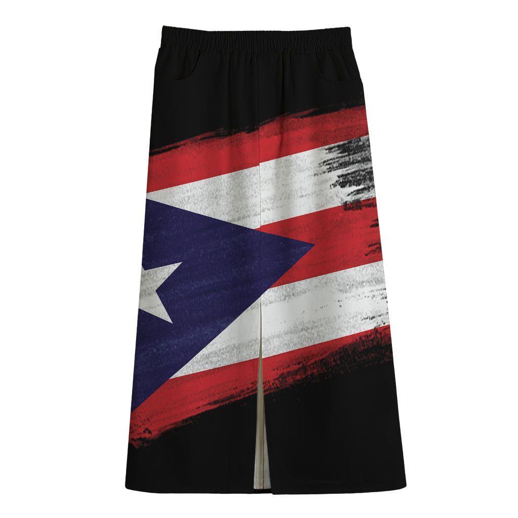 Flag Of Puerto Rico Print Cotton Front Slit Maxi Skirt