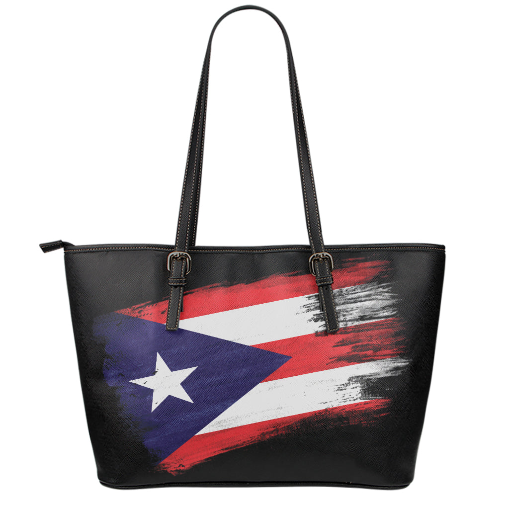 Flag Of Puerto Rico Print Leather Tote Bag