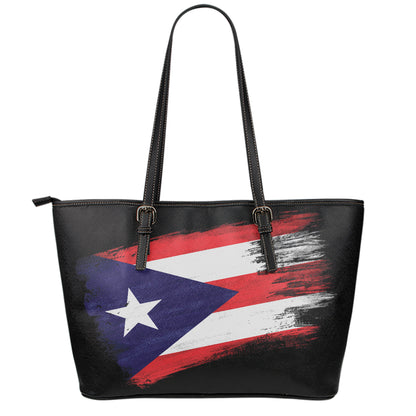 Flag Of Puerto Rico Print Leather Tote Bag