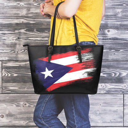 Flag Of Puerto Rico Print Leather Tote Bag