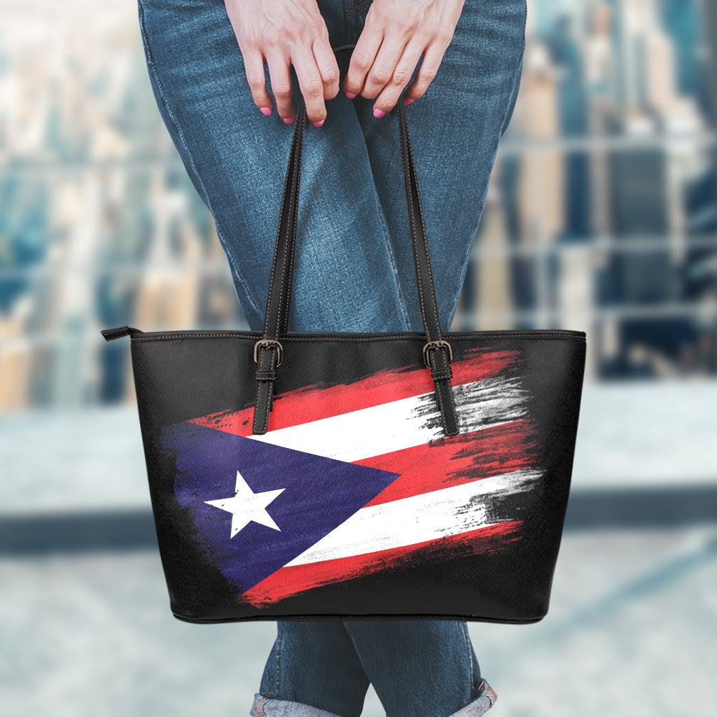Flag Of Puerto Rico Print Leather Tote Bag
