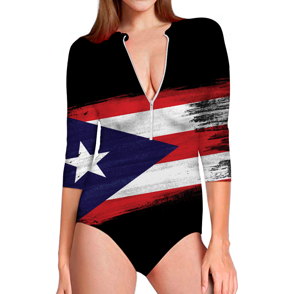 Flag Of Puerto Rico Print Long Sleeve Swimsuit