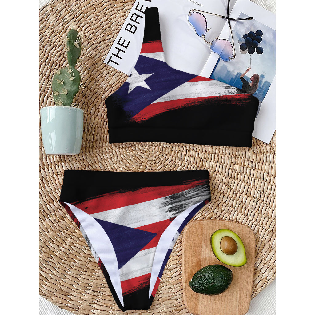 Flag Of Puerto Rico Print One Shoulder Bikini Top