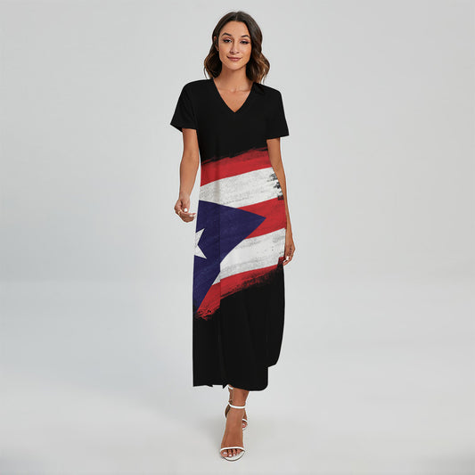 Flag Of Puerto Rico Print Short Sleeve Maxi Dress