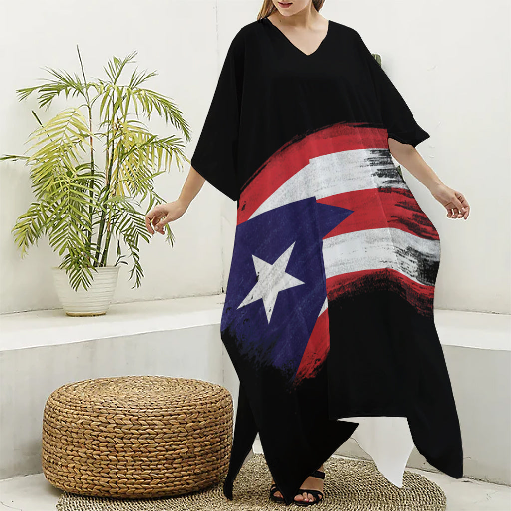Flag Of Puerto Rico Print Silk V-Neck Kaftan Dress