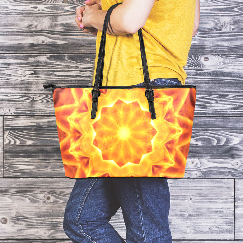 Flame Kaleidoscope Print Leather Tote Bag