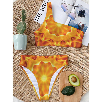 Flame Kaleidoscope Print One Shoulder Bikini Top