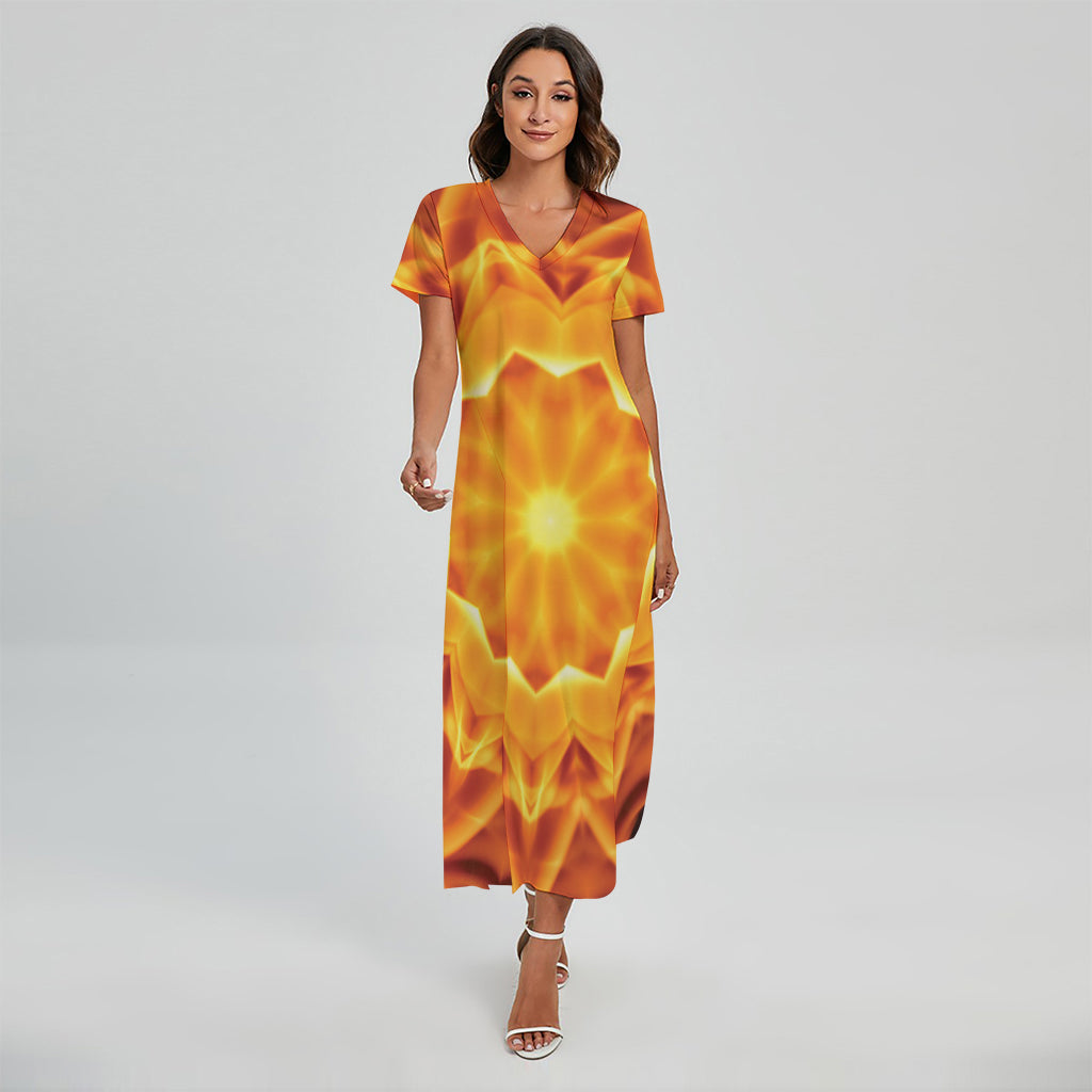 Flame Kaleidoscope Print Short Sleeve Maxi Dress