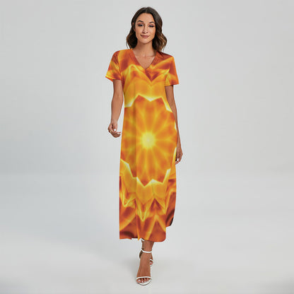 Flame Kaleidoscope Print Short Sleeve Maxi Dress