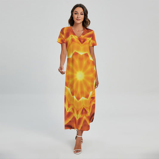 Flame Kaleidoscope Print Short Sleeve Maxi Dress