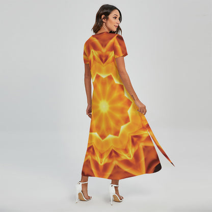 Flame Kaleidoscope Print Short Sleeve Maxi Dress