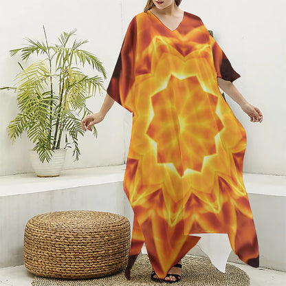 Flame Kaleidoscope Print Silk V-Neck Kaftan Dress