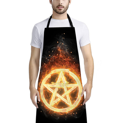 Flame Pentagram Print Bib Apron With Pocket
