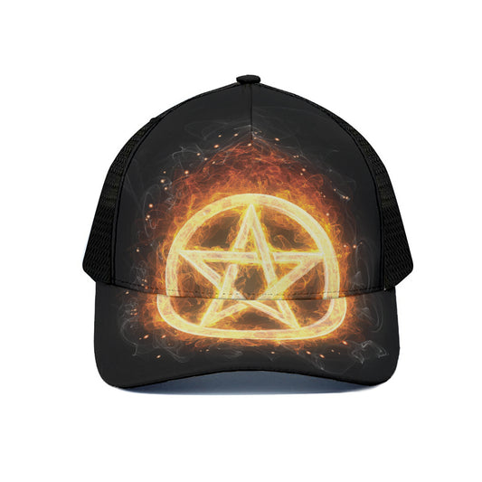 Flame Pentagram Print Black Mesh Trucker Cap