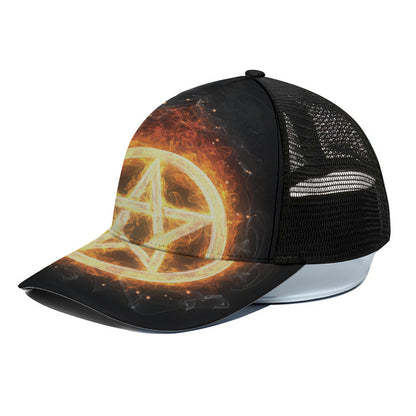 Flame Pentagram Print Black Mesh Trucker Cap