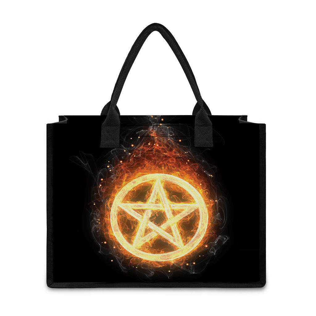 Flame Pentagram Print Canvas Tote Bag