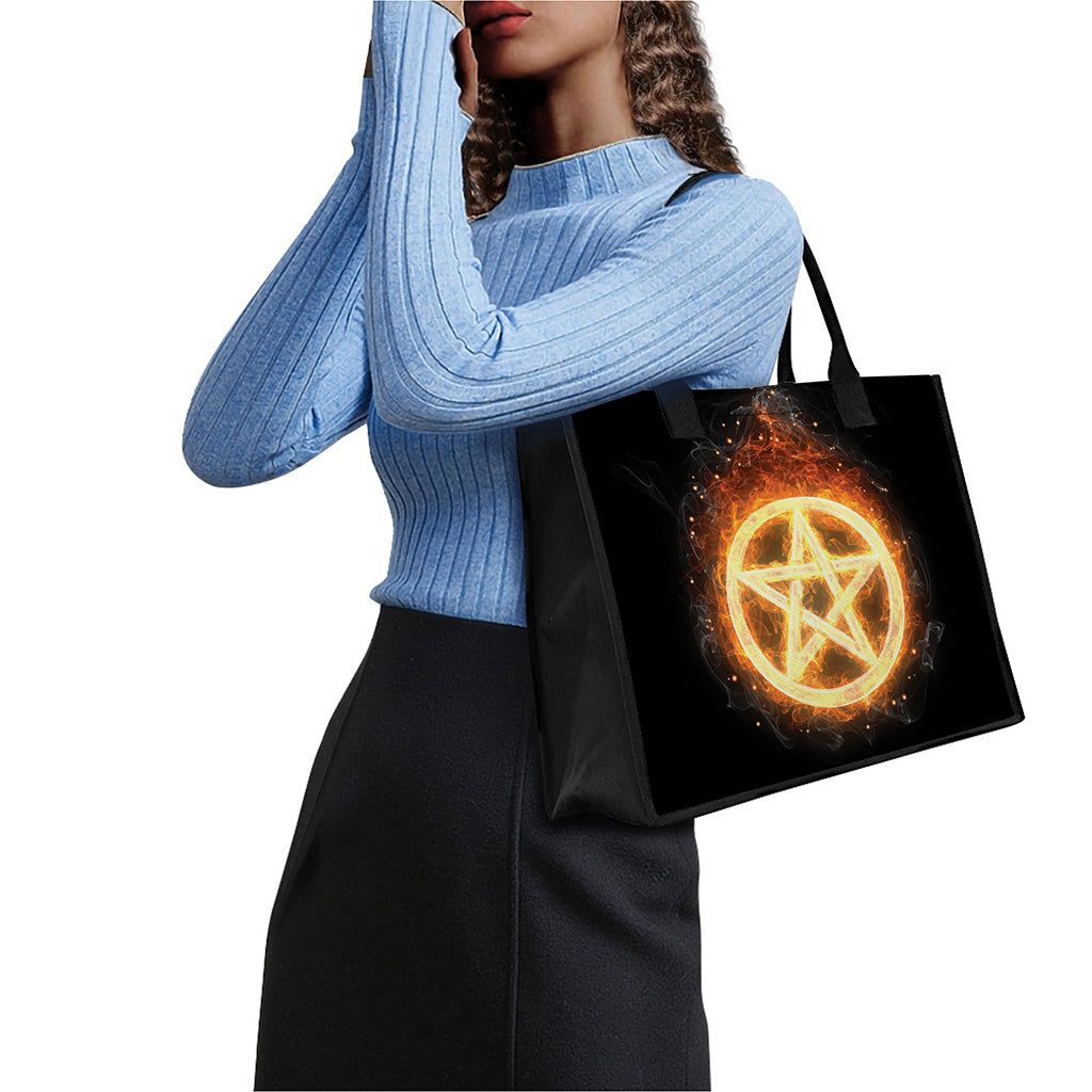 Flame Pentagram Print Canvas Tote Bag