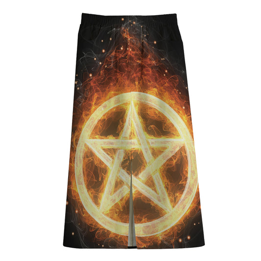 Flame Pentagram Print Cotton Front Slit Maxi Skirt