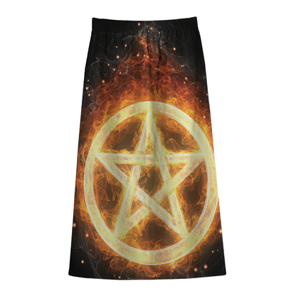 Flame Pentagram Print Cotton Front Slit Maxi Skirt
