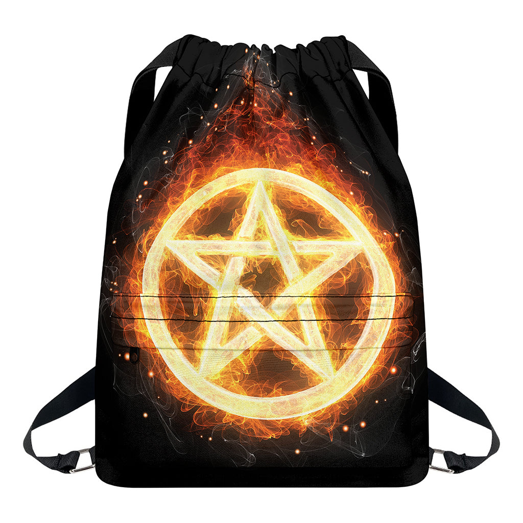 Flame Pentagram Print Drawstring Backpack
