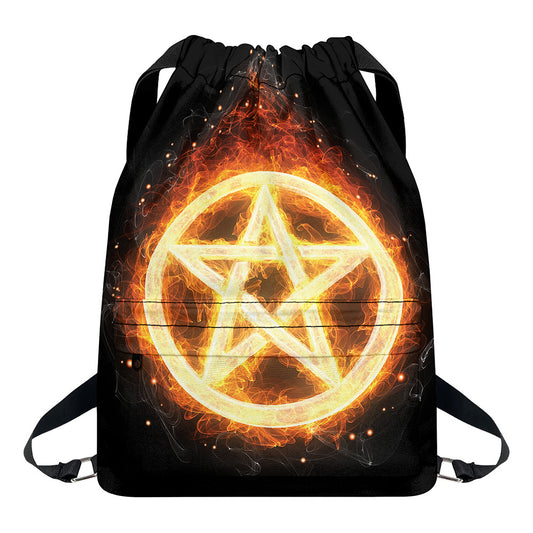 Flame Pentagram Print Drawstring Backpack