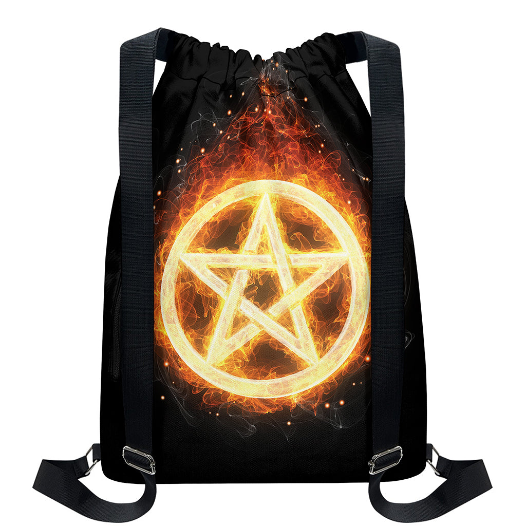 Flame Pentagram Print Drawstring Backpack