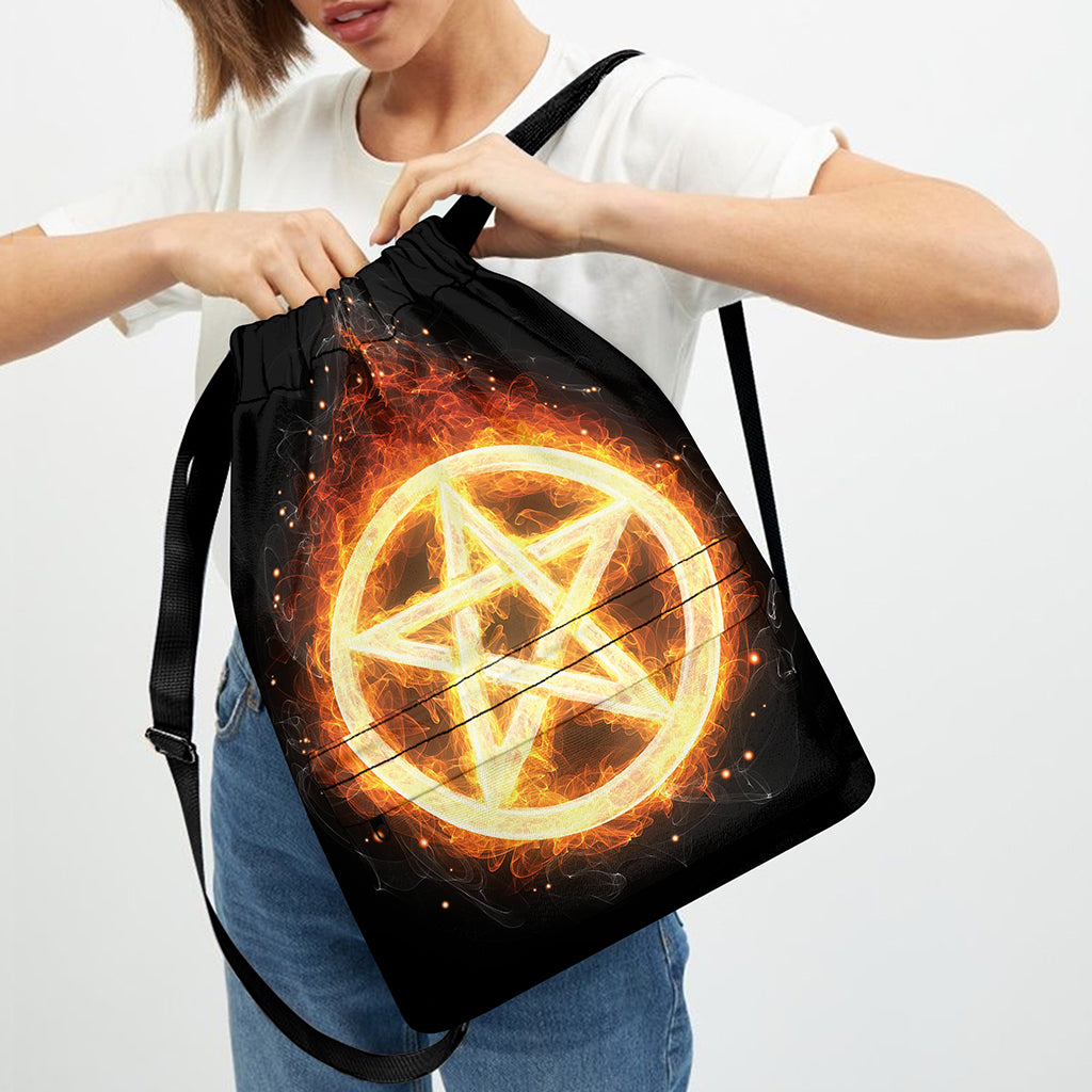 Flame Pentagram Print Drawstring Backpack